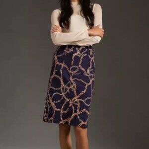 Maeve By Anthropologie Colette Navy Blue Gold Chain Stretch cotton skirt M NWOT